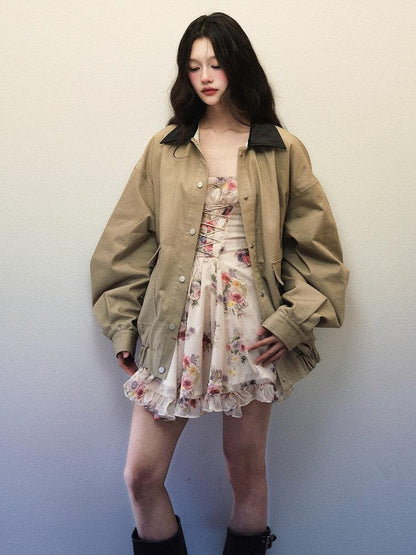 1P STUDIO Khaki Green Contrast Black Lapel Oversized Women&