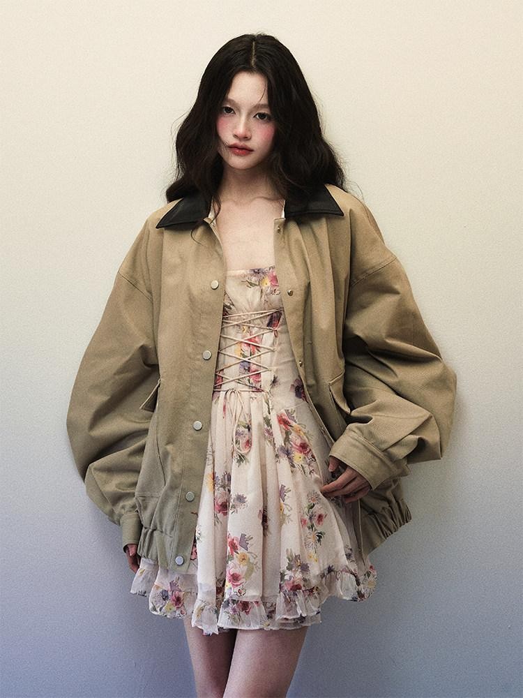 1P STUDIO Khaki Green Contrast Black Lapel Oversized Women&