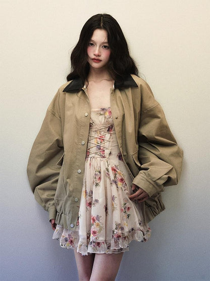 1P STUDIO Khaki Green Contrast Black Lapel Oversized Women&