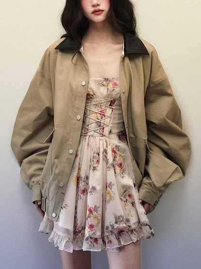 1P STUDIO Khaki Green Contrast Black Lapel Oversized Women&