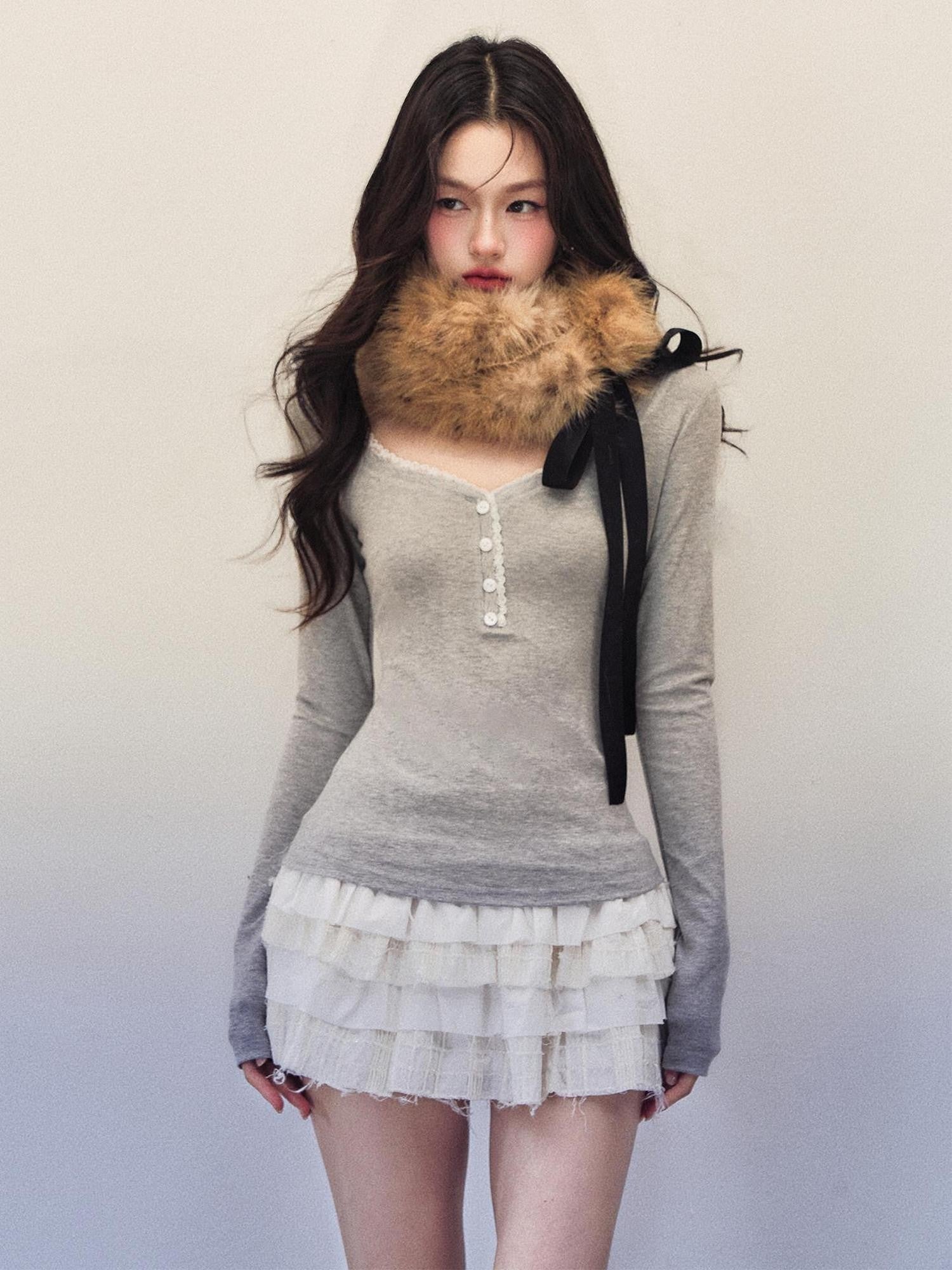 1P STUDIO Lace Trim Henley Collar Women&