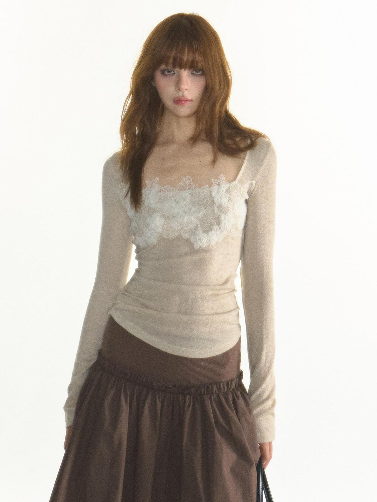 1P STUDIO Lace Trim Square Neck Knit Women&