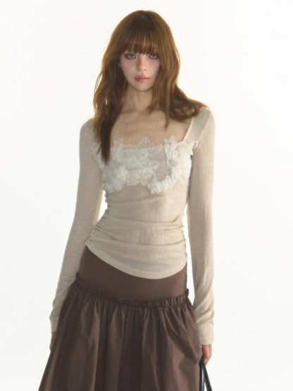 1P STUDIO Lace Trim Square Neck Knit Women&