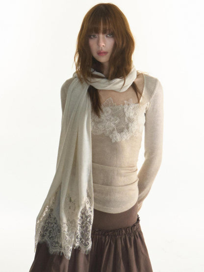 1P STUDIO Lace Trim Square Neck Knit Women&