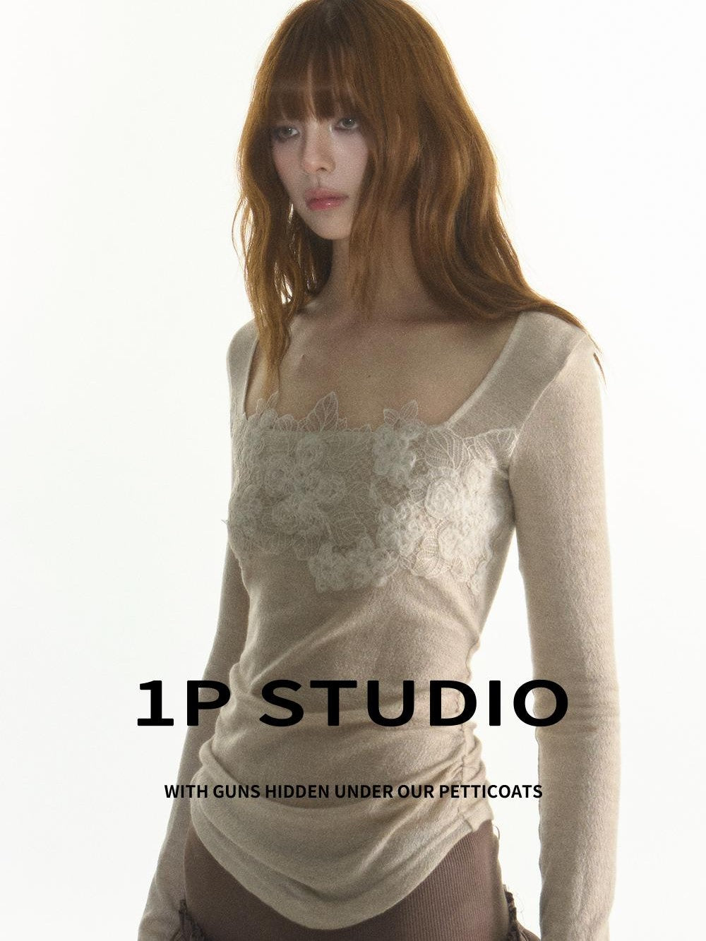 1P STUDIO Lace Trim Square Neck Knit Women&