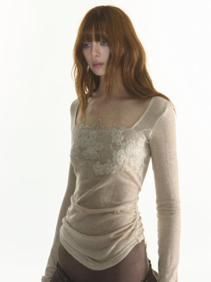 1P STUDIO Lace Trim Square Neck Knit Women&