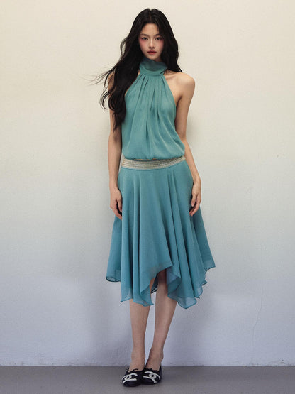 1P STUDIO Lake Blue Asymmetric Halter High Waist Women&