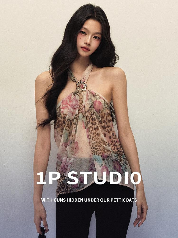 1P STUDIO Leopard Floral Print Ruffle Tie Front Women&