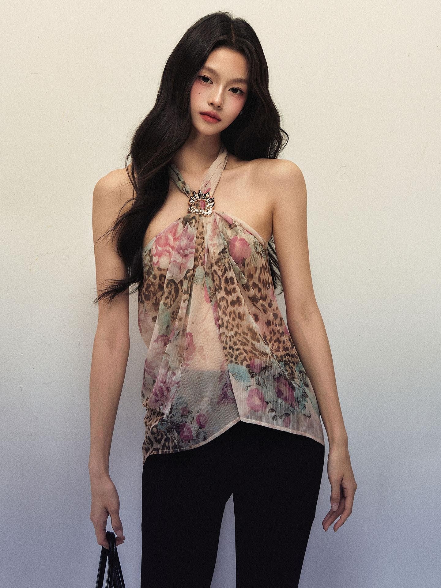 1P STUDIO Leopard Floral Print Ruffle Tie Front Women&