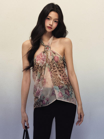 1P STUDIO Leopard Floral Print Ruffle Tie Front Women&