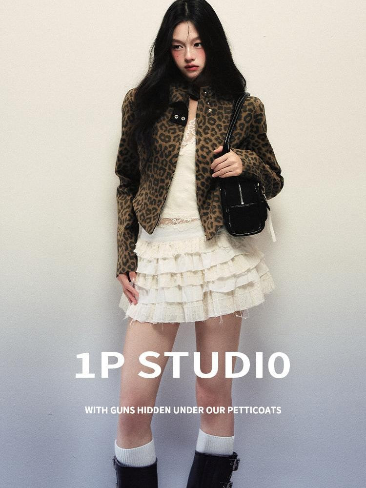 1P STUDIO Leopard Print Biker Cinched Waist Stand Collar Women&