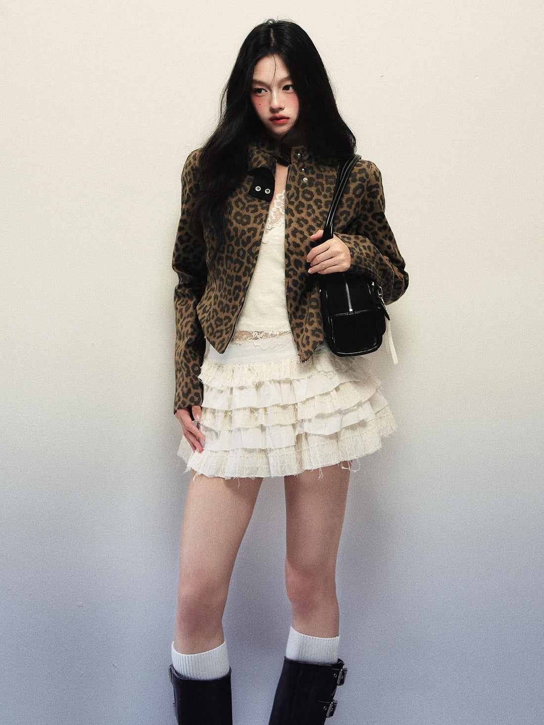 1P STUDIO Leopard Print Biker Cinched Waist Stand Collar Women&