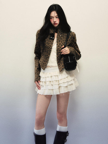 1P STUDIO Leopard Print Biker Cinched Waist Stand Collar Women&