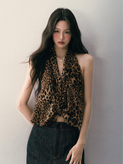 1P STUDIO Leopard Print V-neck Asymmetric Knot Slim Cropped Women&