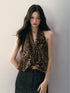 1P STUDIO Leopard Print V-neck Asymmetric Knot Slim Cropped Women&