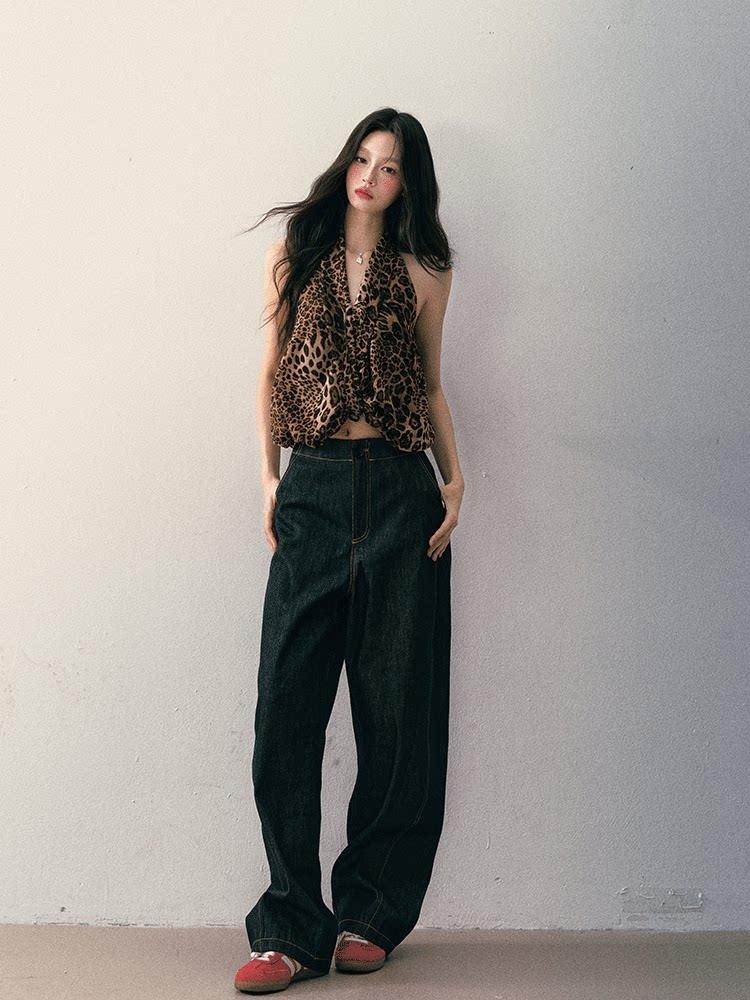 1P STUDIO Leopard Print V-neck Asymmetric Knot Slim Cropped Women&