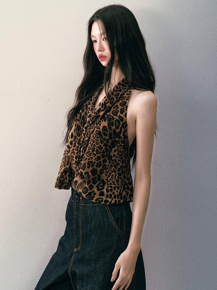 1P STUDIO Leopard Print V-neck Asymmetric Knot Slim Cropped Women&