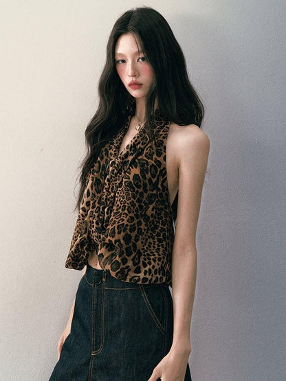 1P STUDIO Leopard Print V-neck Asymmetric Knot Slim Cropped Women&