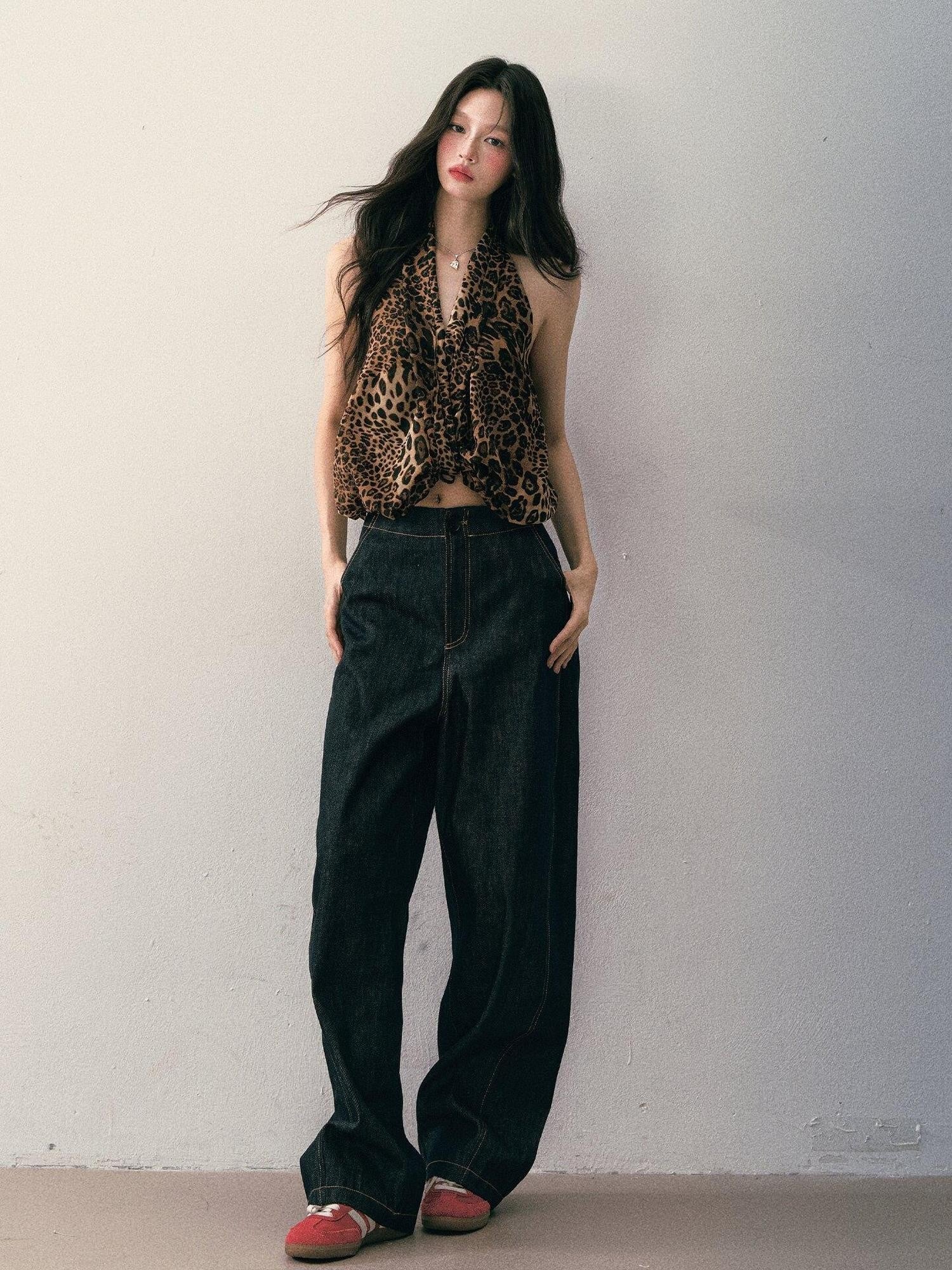 1P STUDIO Leopard Print V-neck Asymmetric Knot Slim Cropped Women&