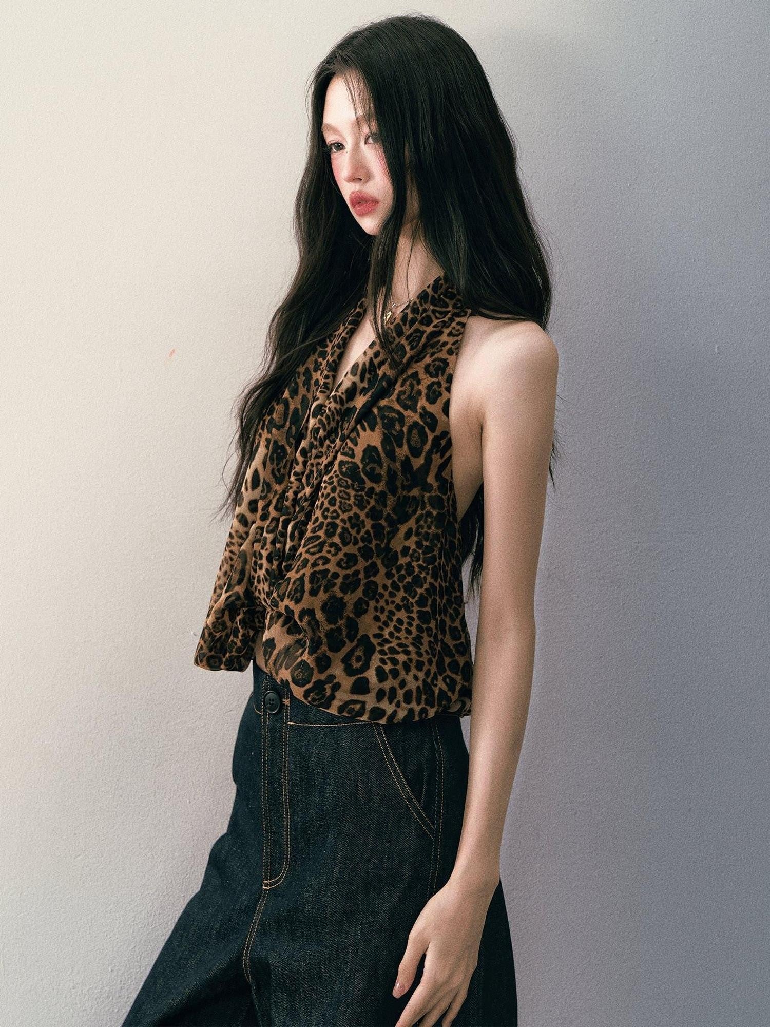 1P STUDIO Leopard Print V-neck Asymmetric Knot Slim Cropped Women&