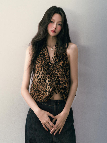 1P STUDIO Leopard Print V-neck Asymmetric Knot Slim Cropped Women&