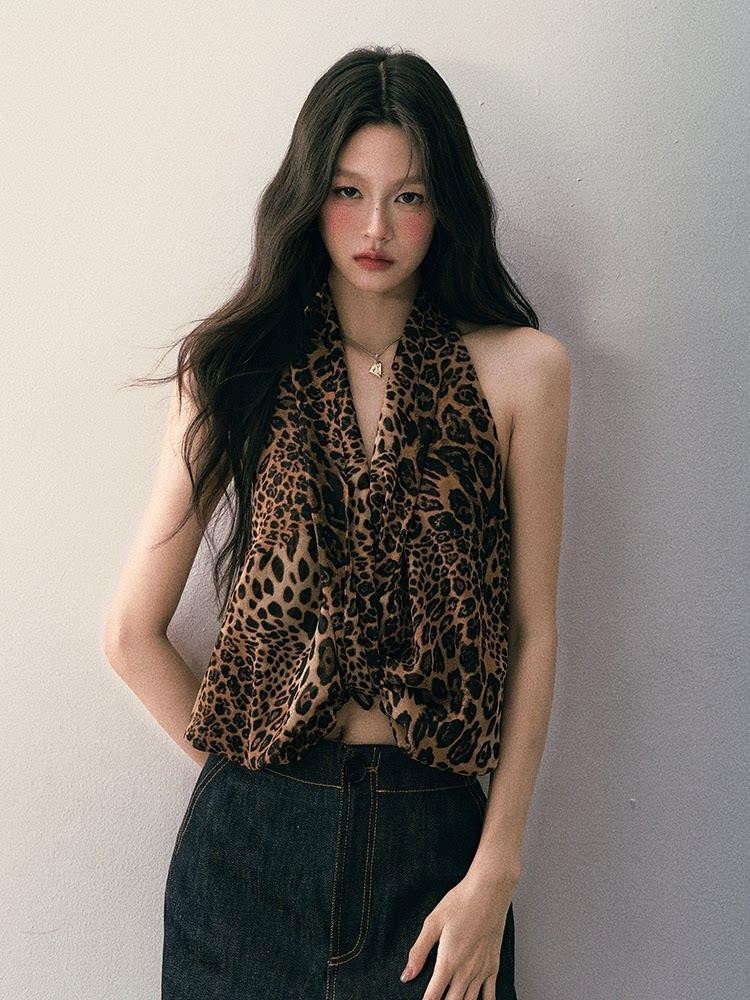 1P STUDIO Leopard Print V-neck Asymmetric Knot Slim Cropped Women&