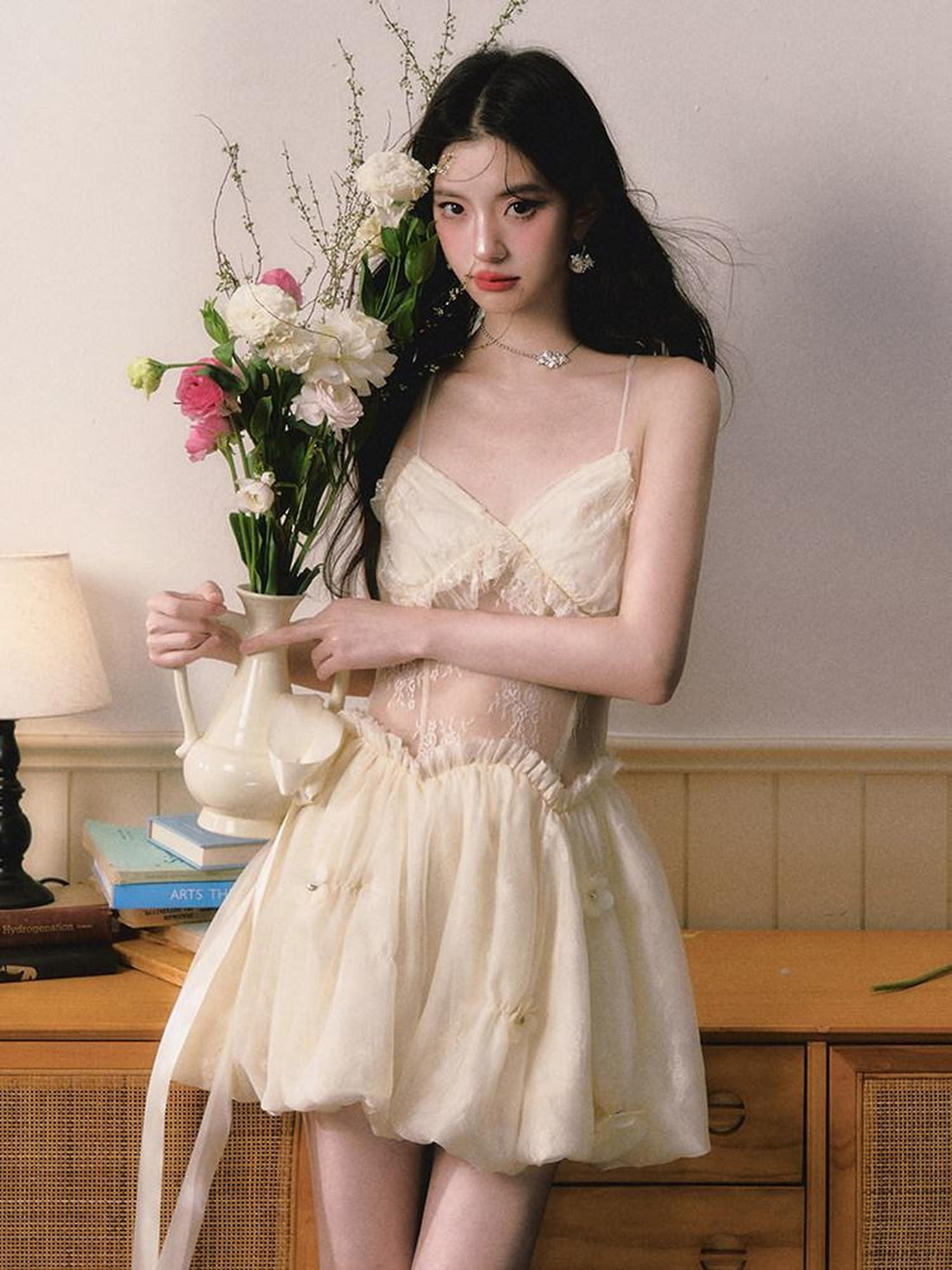 1P STUDIO Light Beige Sheer Waist Spliced Cinched Women&