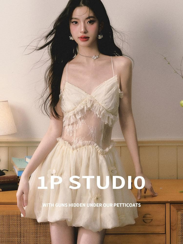 1P STUDIO Light Beige Sheer Waist Spliced Cinched Women&