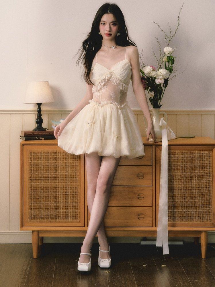 1P STUDIO Light Beige Sheer Waist Spliced Cinched Women&