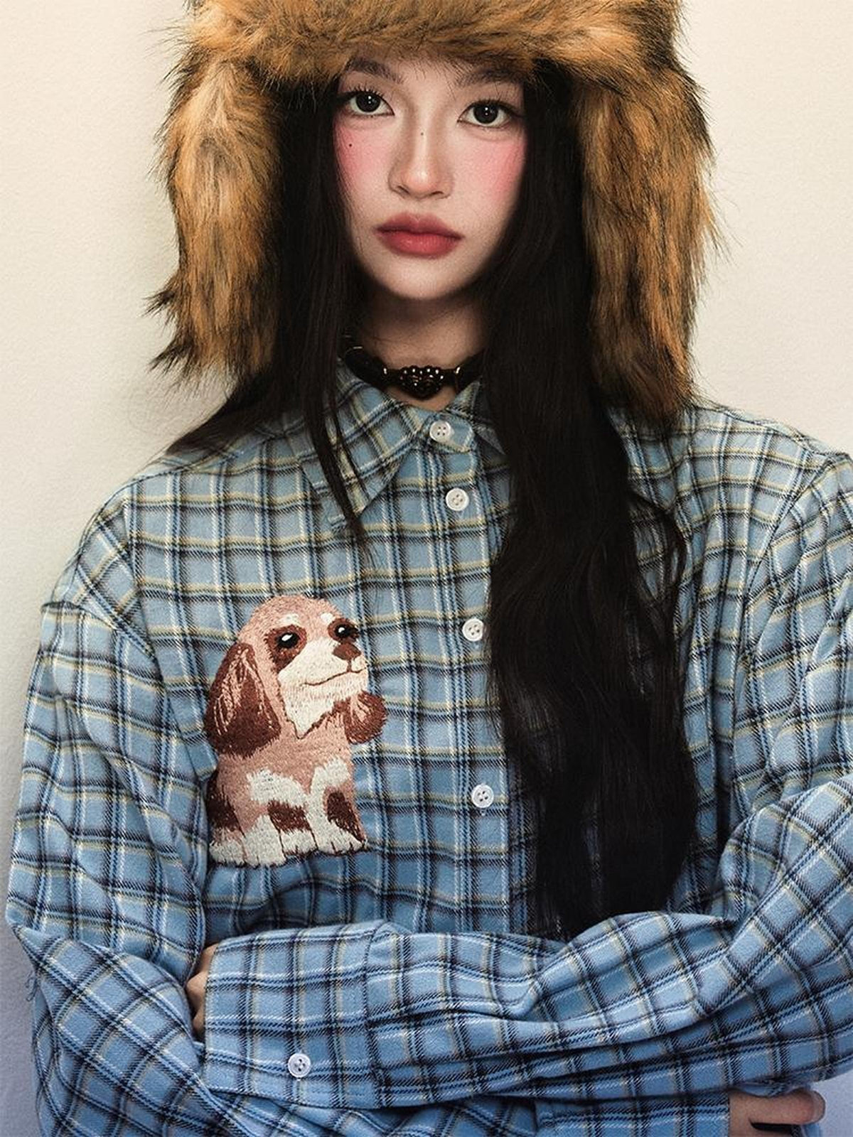 1P STUDIO Light Blue Plaid Dog Embroidered Women&