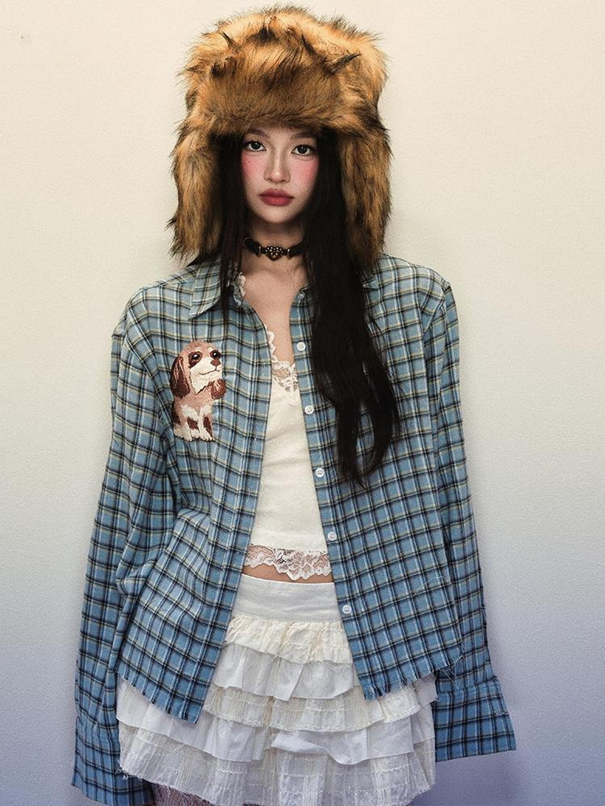 1P STUDIO Light Blue Plaid Dog Embroidered Women&