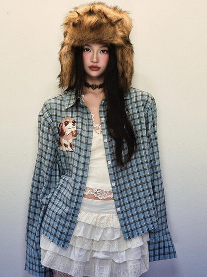 1P STUDIO Light Blue Plaid Dog Embroidered Women&