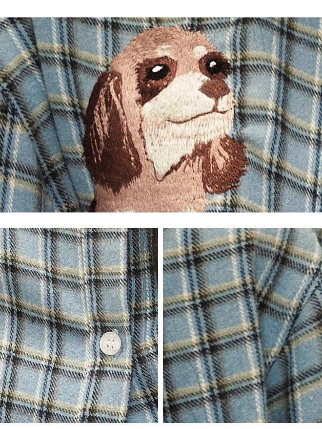 1P STUDIO Light Blue Plaid Dog Embroidered Women&