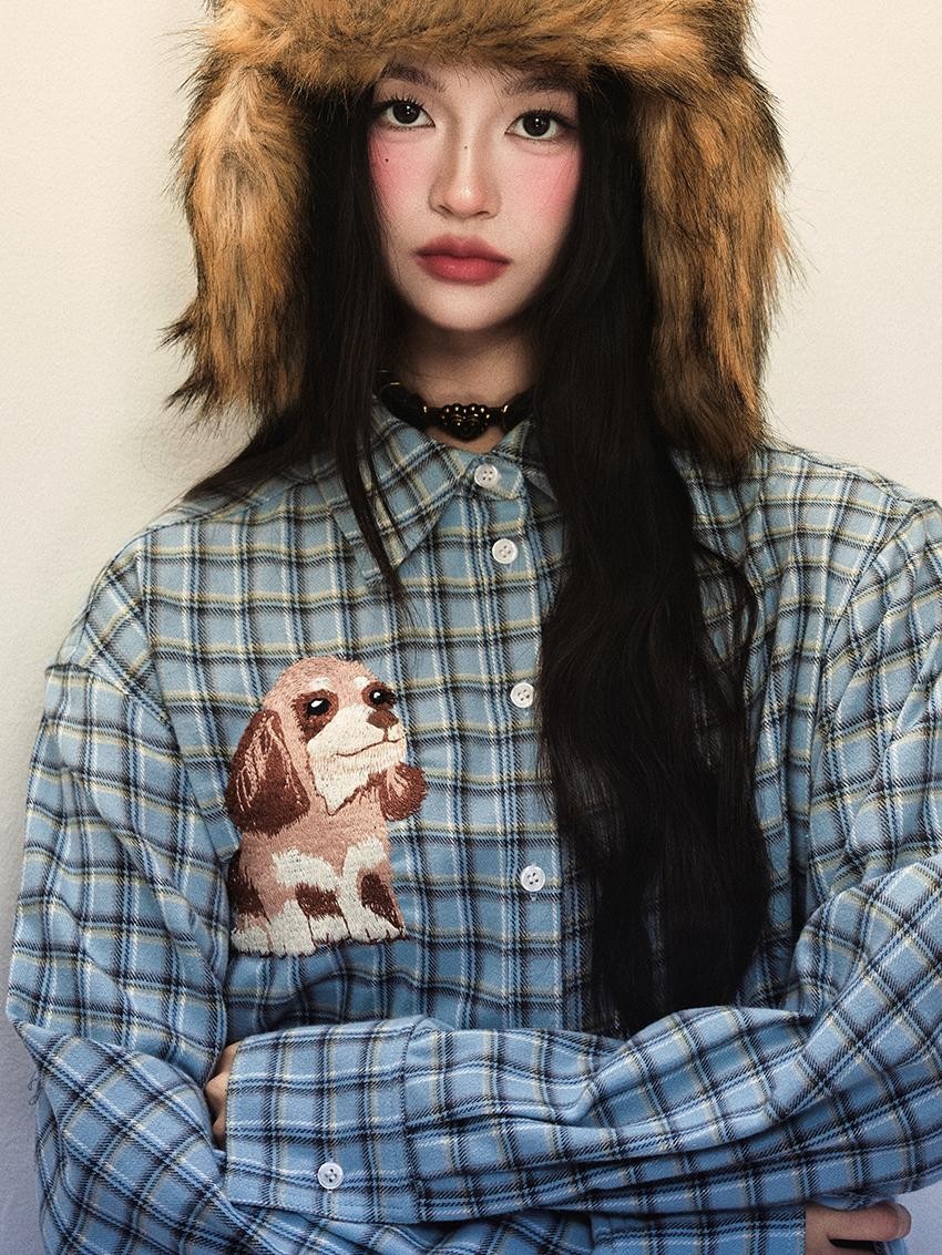 1P STUDIO Light Blue Plaid Dog Embroidered Women&
