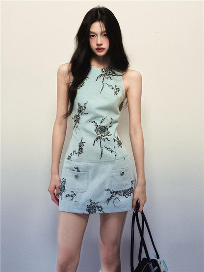 1P STUDIO Light Blue Rose Embroidered Vest Women&