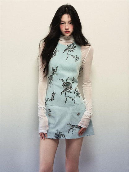 1P STUDIO Light Blue Rose Embroidered Vest Women&