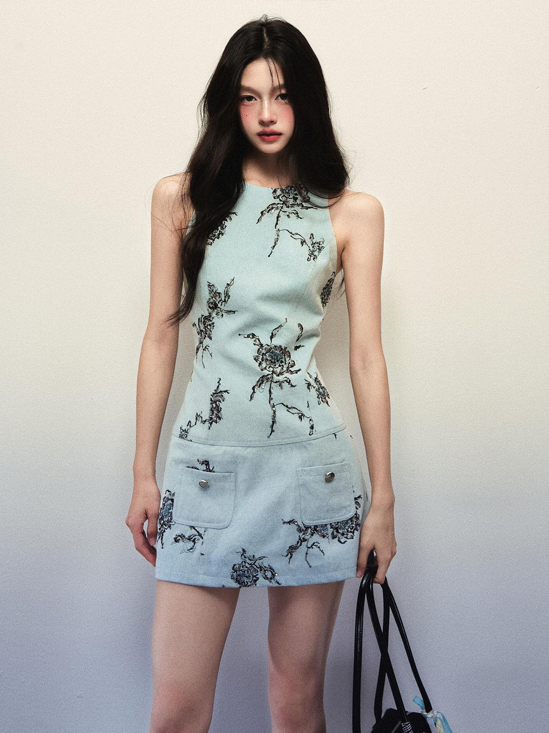 1P STUDIO Light Blue Rose Embroidered Vest Women&