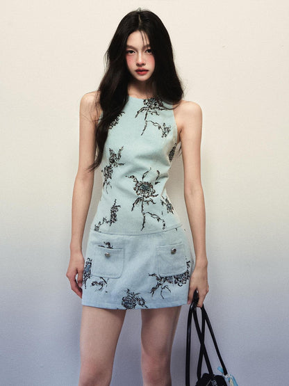 1P STUDIO Light Blue Rose Embroidered Vest Women&