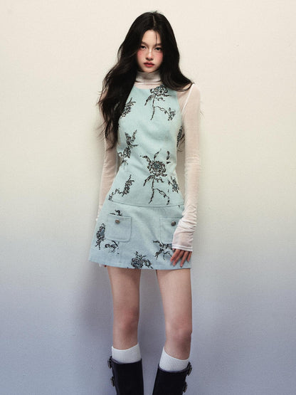 1P STUDIO Light Blue Rose Embroidered Vest Women&