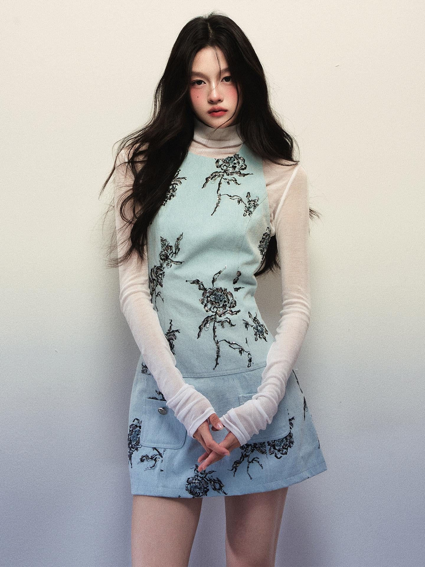 1P STUDIO Light Blue Rose Embroidered Vest Women&