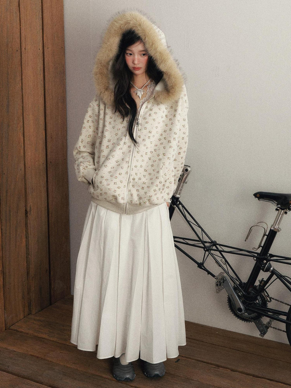 1P STUDIO Light Gray Floral Faux Fur Hood Oversized Pockets Women&