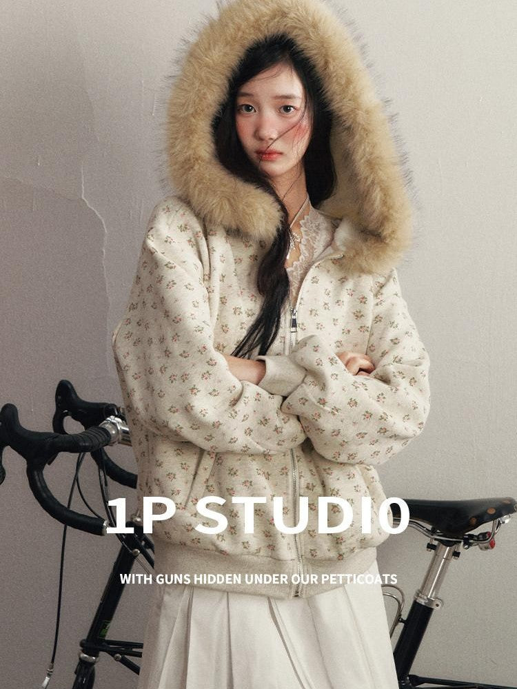 1P STUDIO Light Gray Floral Faux Fur Hood Oversized Pockets Women&
