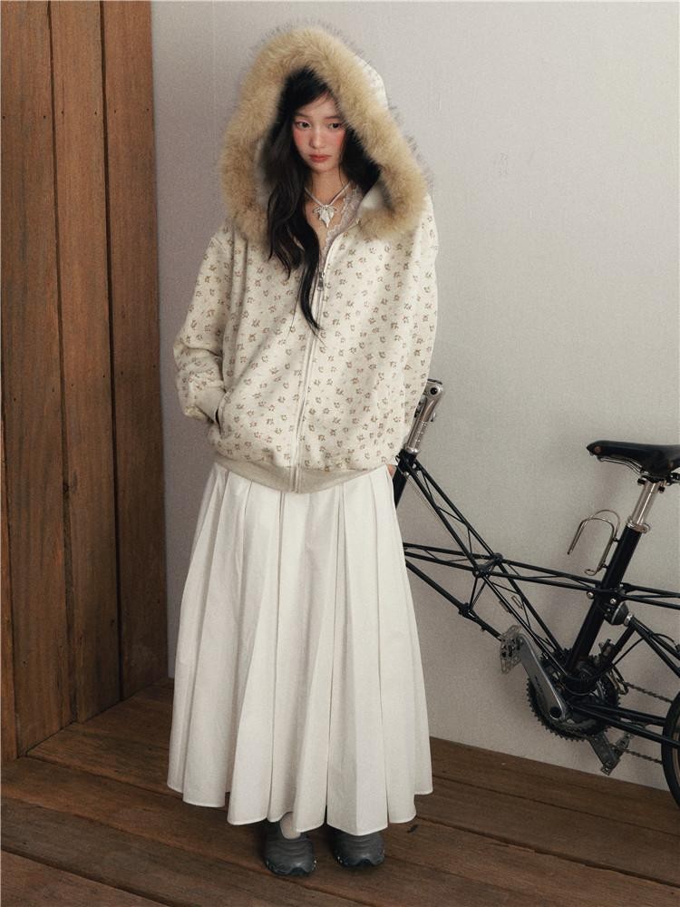 1P STUDIO Light Gray Floral Faux Fur Hood Oversized Pockets Women&