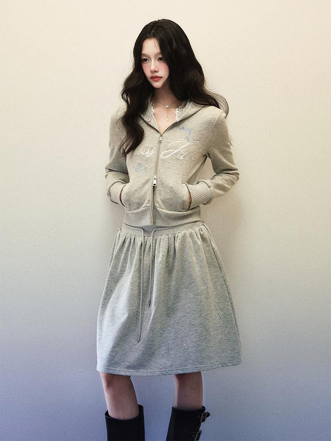 1P STUDIO Light Gray Letter Embroidered Hooded Zip Aline Skirt Women&