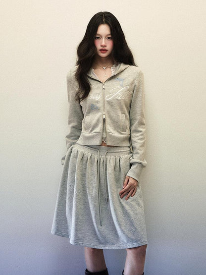 1P STUDIO Light Gray Letter Embroidered Hooded Zip Aline Skirt Women&