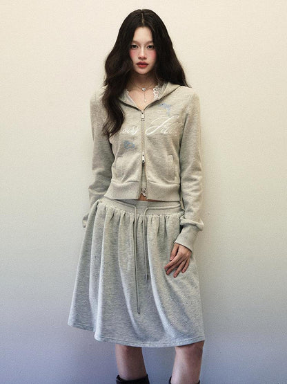 1P STUDIO Light Gray Letter Embroidered Hooded Zip Aline Skirt Women&