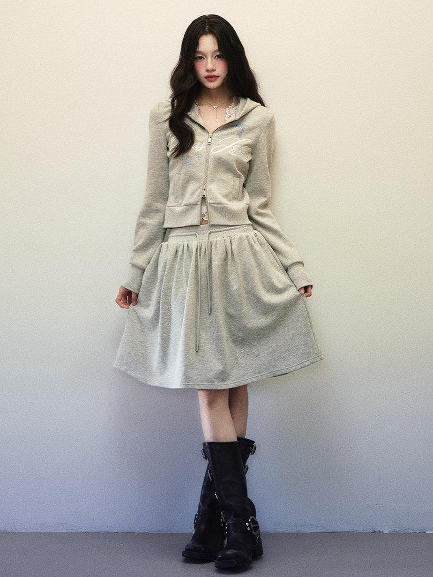 1P STUDIO Light Gray Letter Embroidered Hooded Zip Aline Skirt Women&
