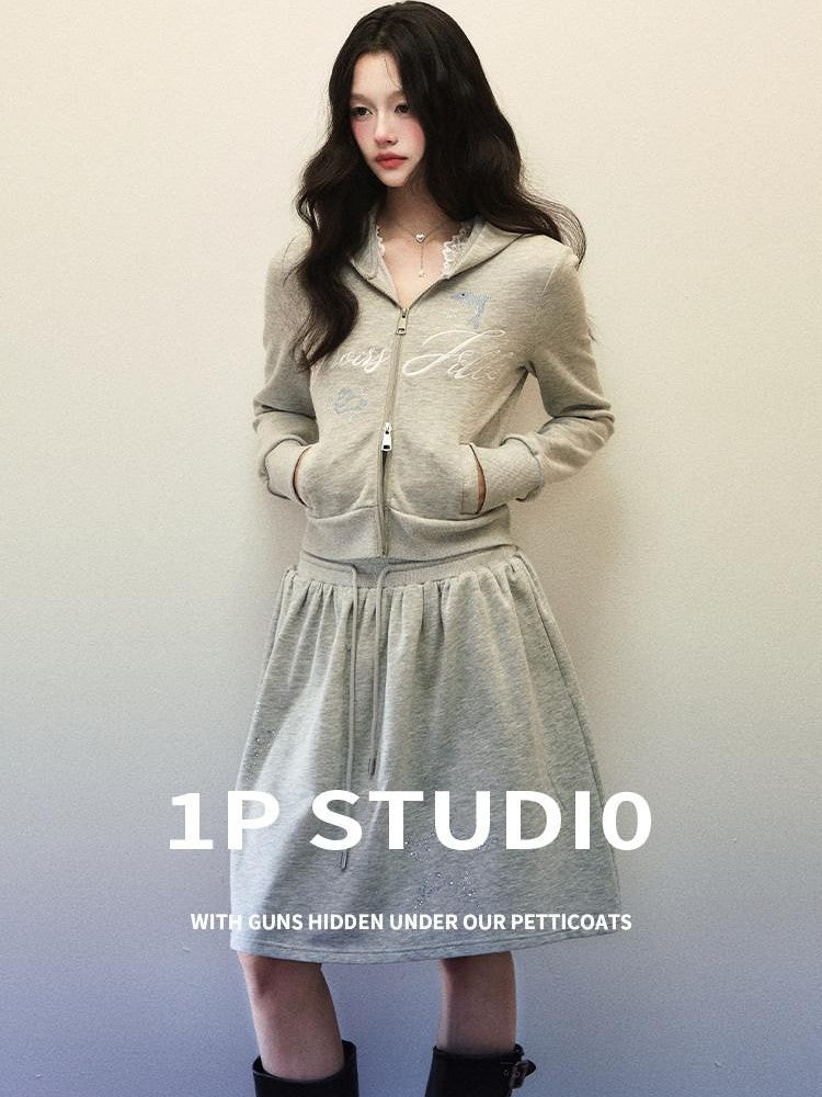 1P STUDIO Light Gray Letter Embroidered Hooded Zip Aline Skirt Women&
