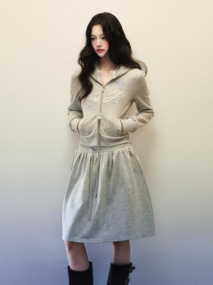 1P STUDIO Light Gray Letter Embroidered Hooded Zip Aline Skirt Women&