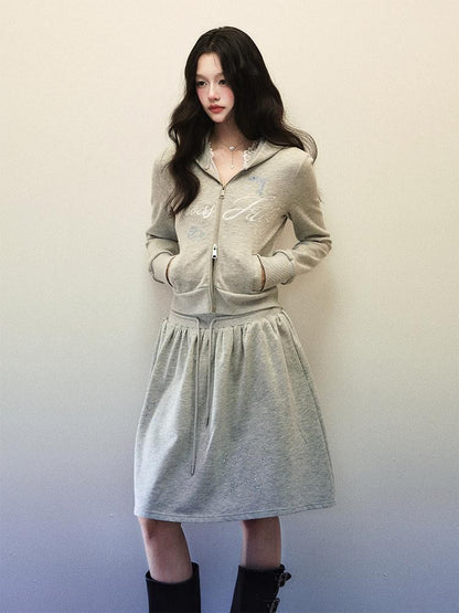 1P STUDIO Light Gray Letter Embroidered Hooded Zip Aline Skirt Women&